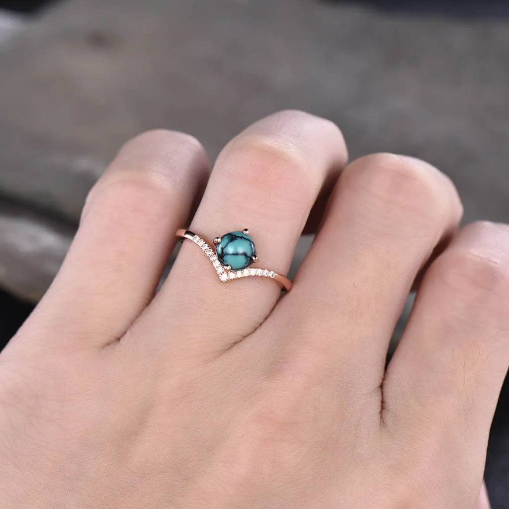 Simple Turquoise Engagement Ring Curved V Dianond  Band