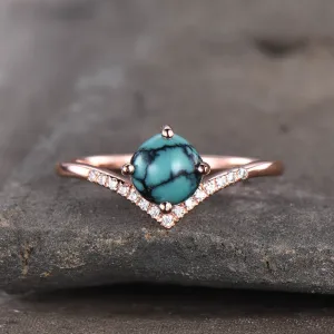 Simple Turquoise Engagement Ring Curved V Dianond  Band