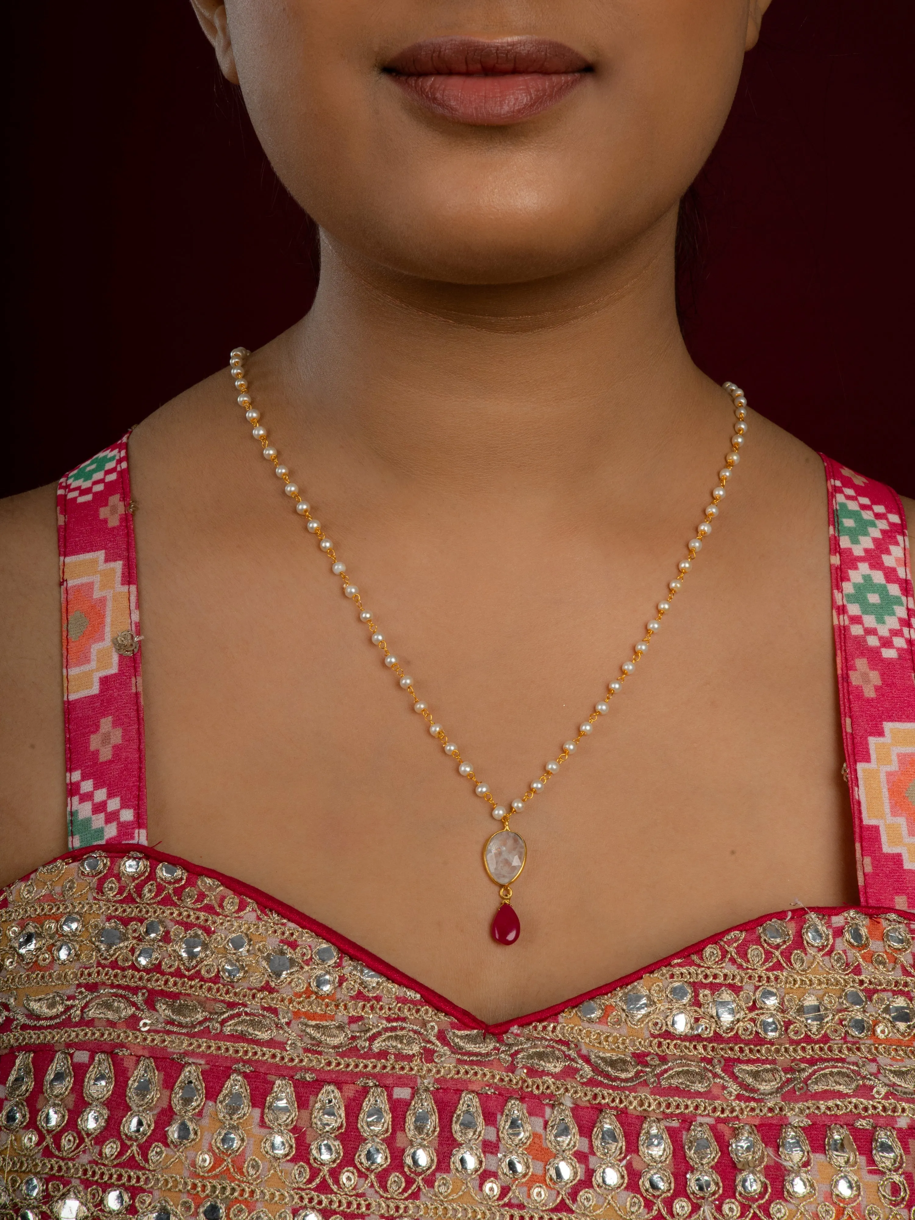 Single layered Ruby Red Pearl Drop Pendant Necklace