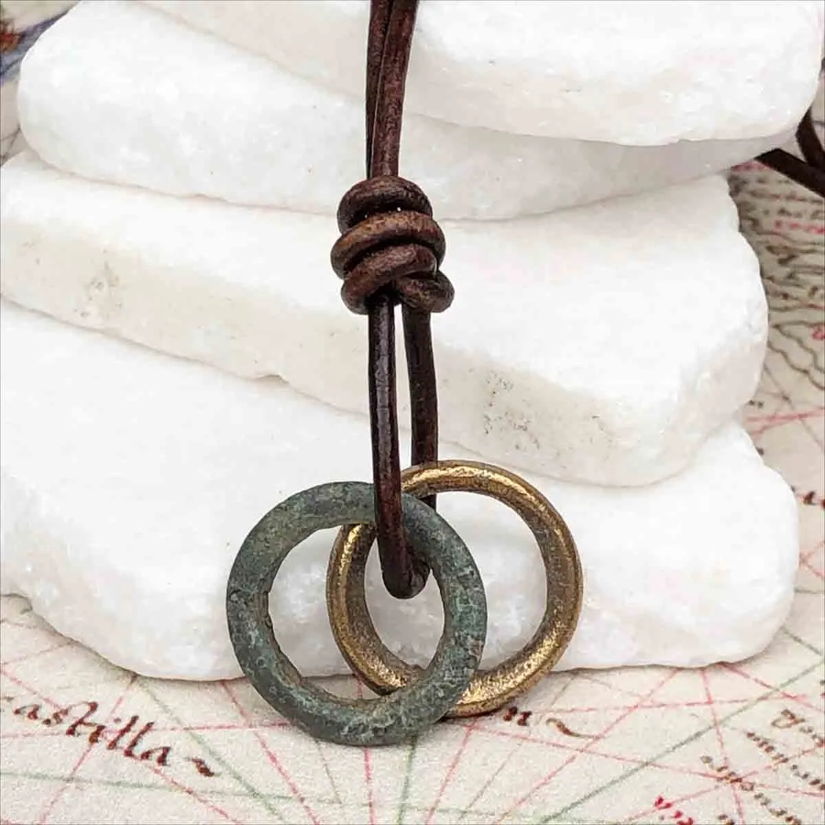 Smooth Green and Golden Bronze Celtic Ring Money Duo Leather Necklace | Artifact #3373