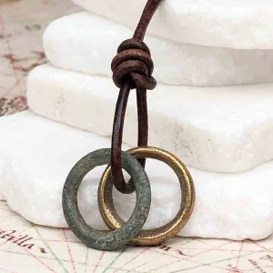 Smooth Green and Golden Bronze Celtic Ring Money Duo Leather Necklace | Artifact #3373