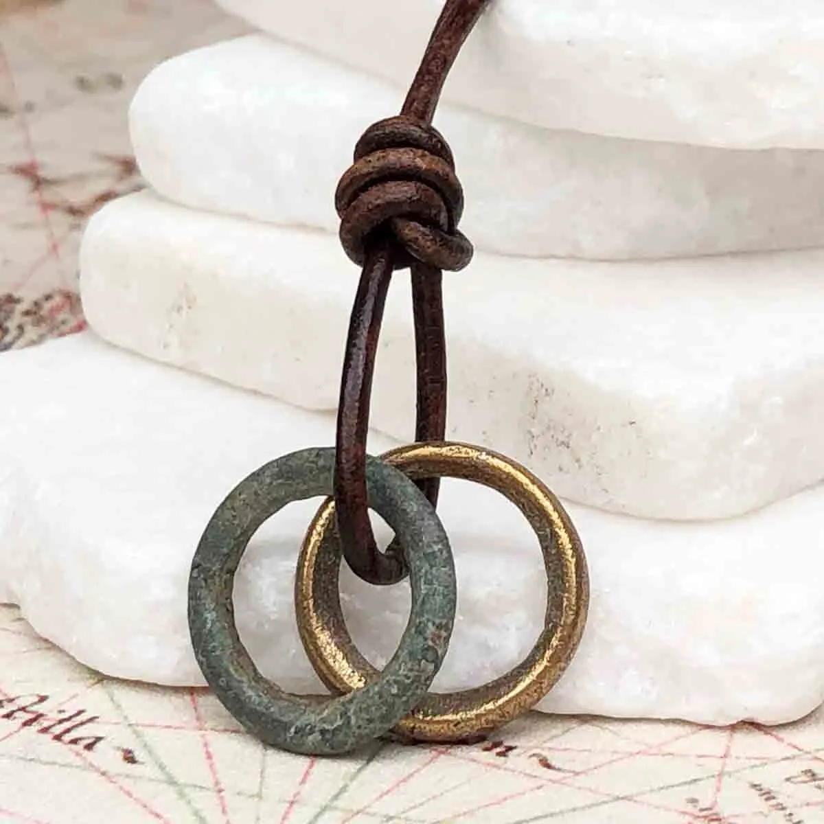 Smooth Green and Golden Bronze Celtic Ring Money Duo Leather Necklace | Artifact #3373