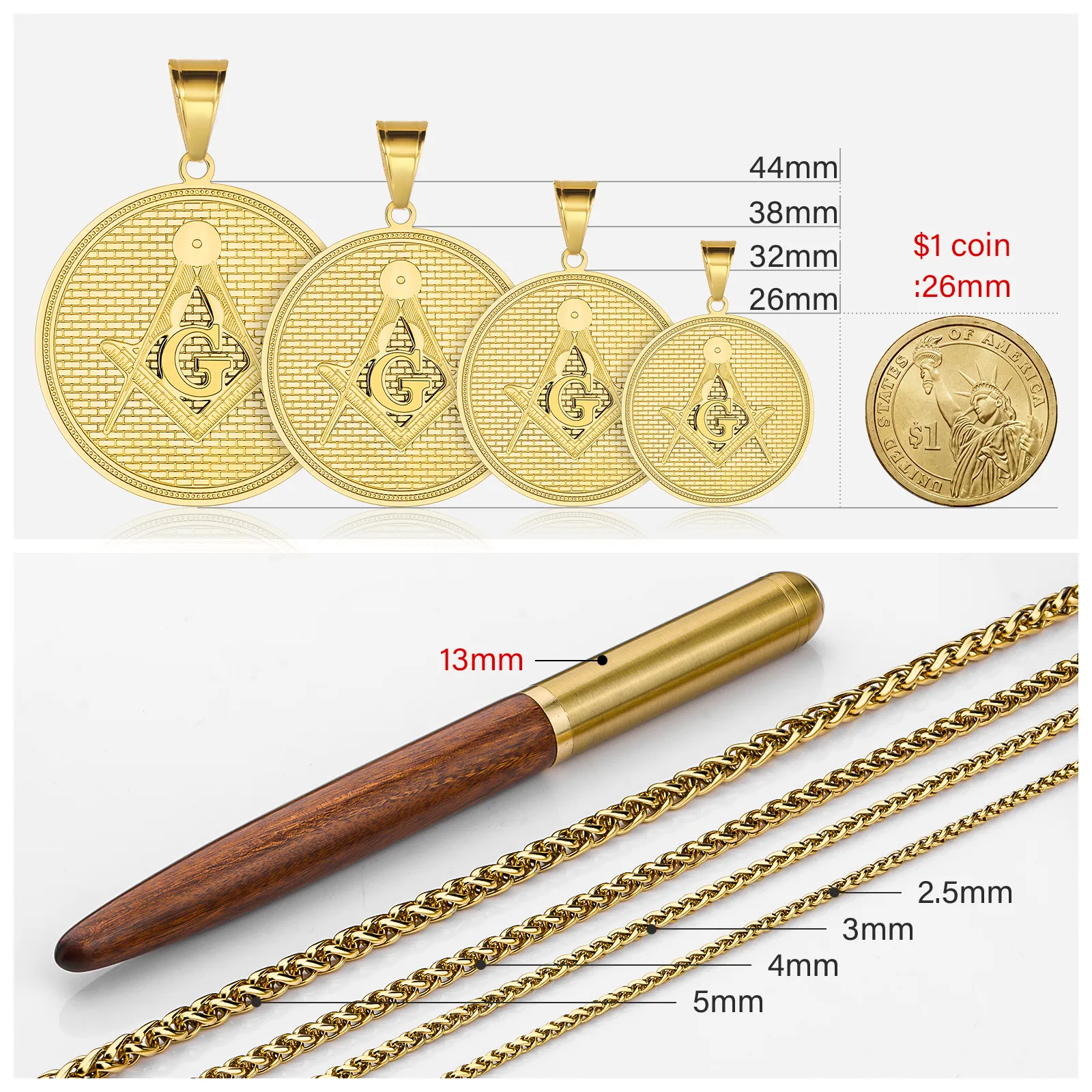 Square & Compass with G Masonic Gold Pendant Necklace