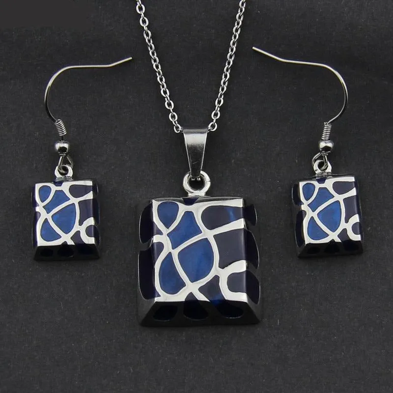Stainless Steel Jewelry Shiny Polish Resin Square Jewelry Set for Women in Silver Color