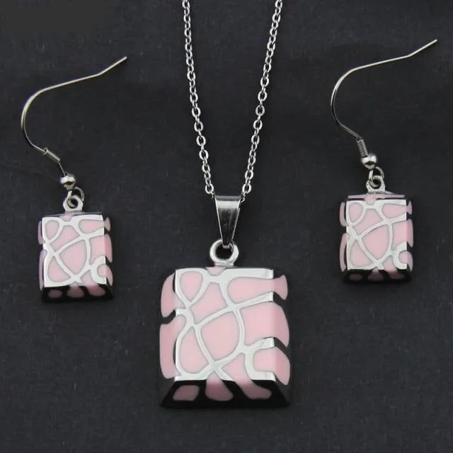 Stainless Steel Jewelry Shiny Polish Resin Square Jewelry Set for Women in Silver Color