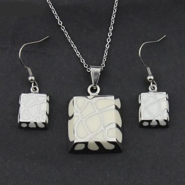 Stainless Steel Jewelry Shiny Polish Resin Square Jewelry Set for Women in Silver Color