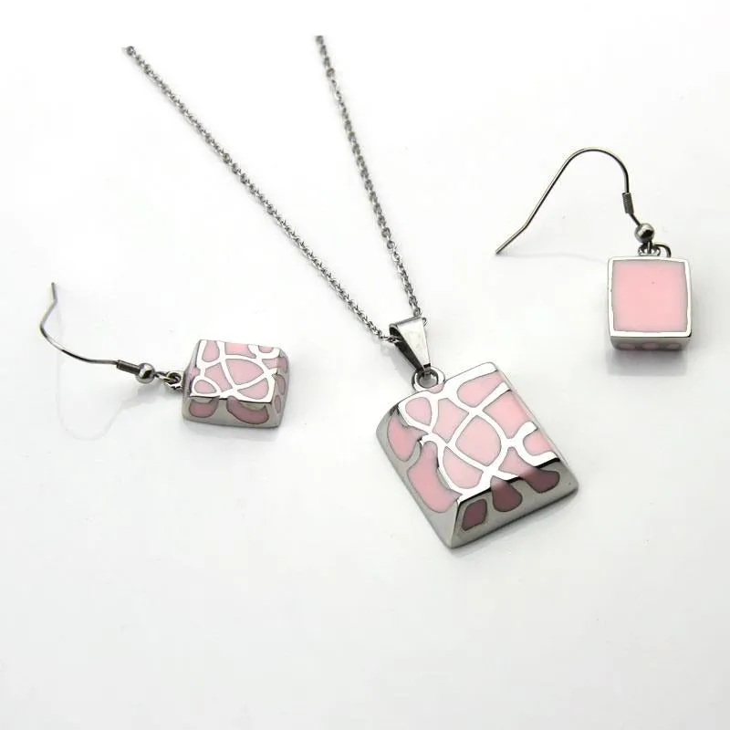 Stainless Steel Jewelry Shiny Polish Resin Square Jewelry Set for Women in Silver Color