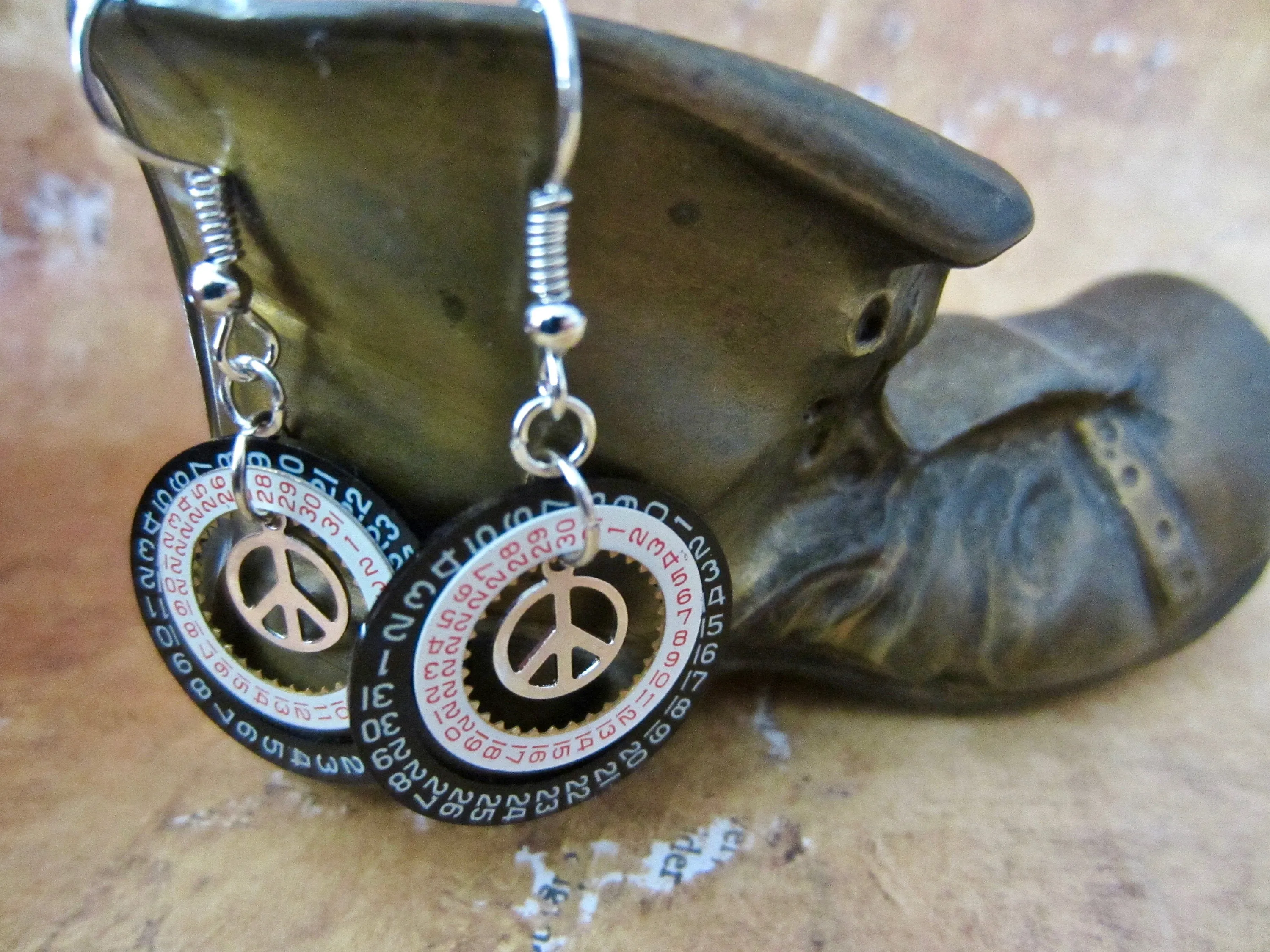 Steampunk Earrings - Peace sign - Watch parts earrings - Hippie - Boho - Womans earrings - For her