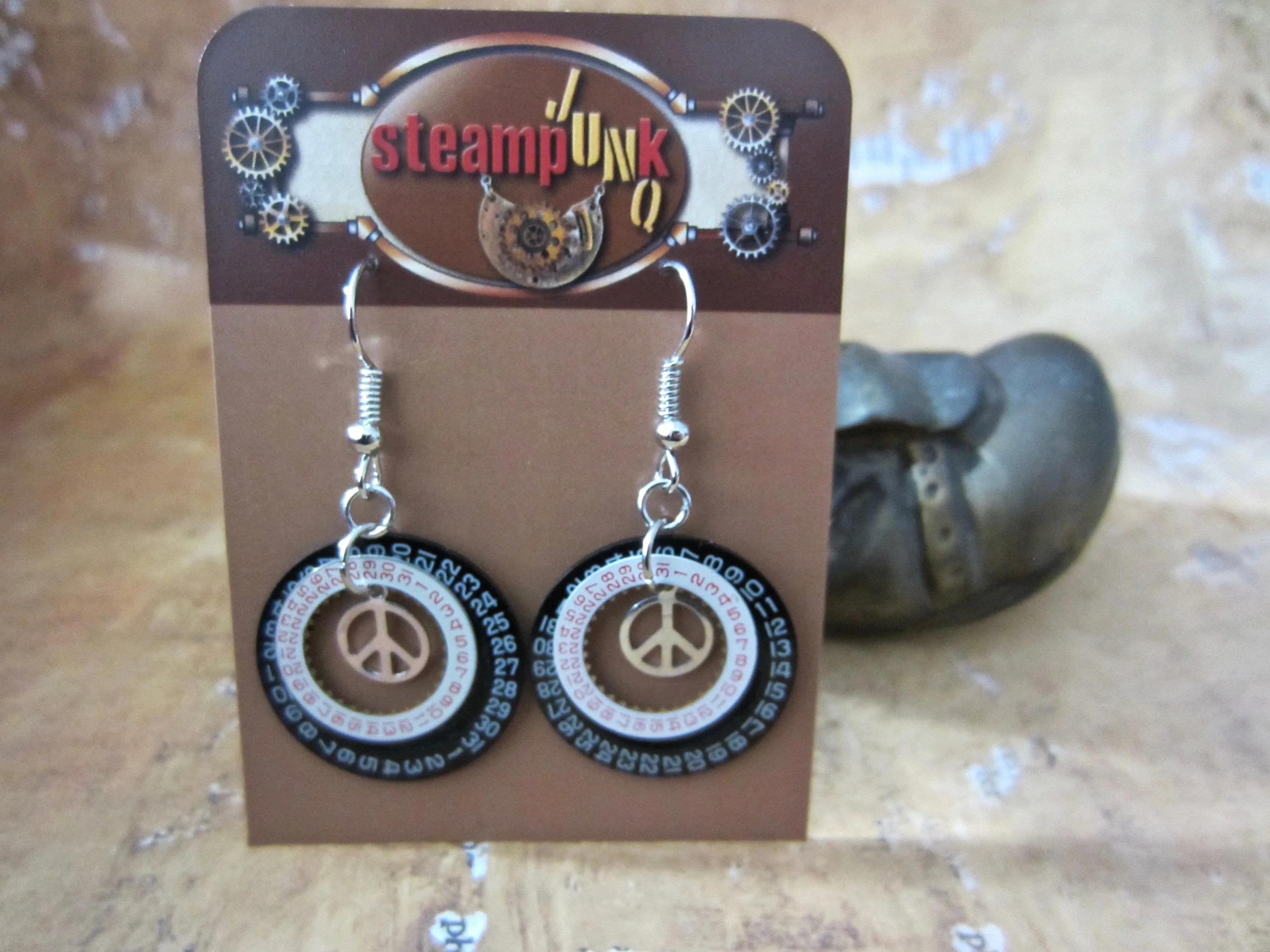 Steampunk Earrings - Peace sign - Watch parts earrings - Hippie - Boho - Womans earrings - For her