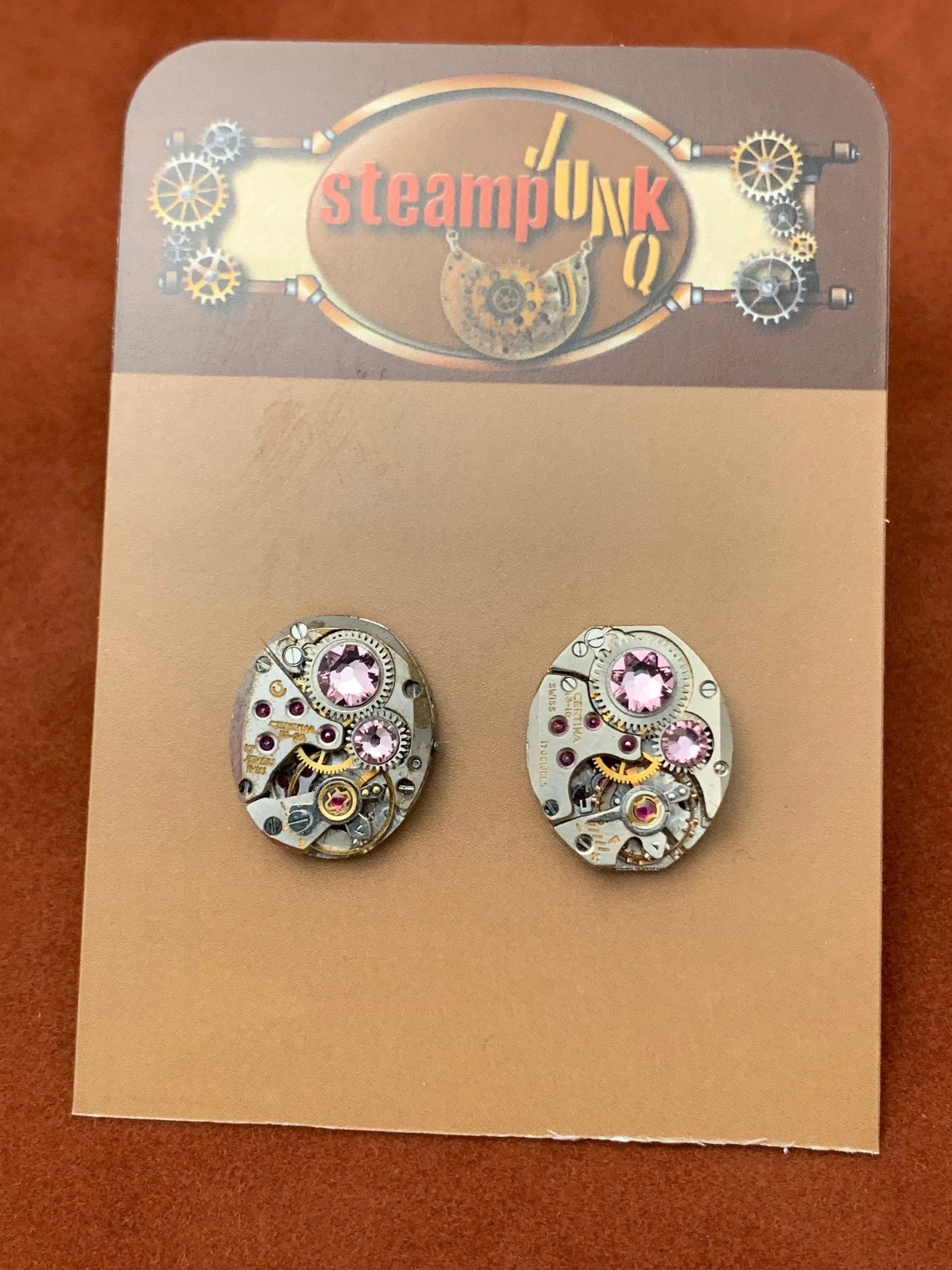 Steampunk Stud Earrings with Mechanical Watch Movement - Post earrings - Light Amethyst - February Birthstone - Steampunk jewelry - gift for mom