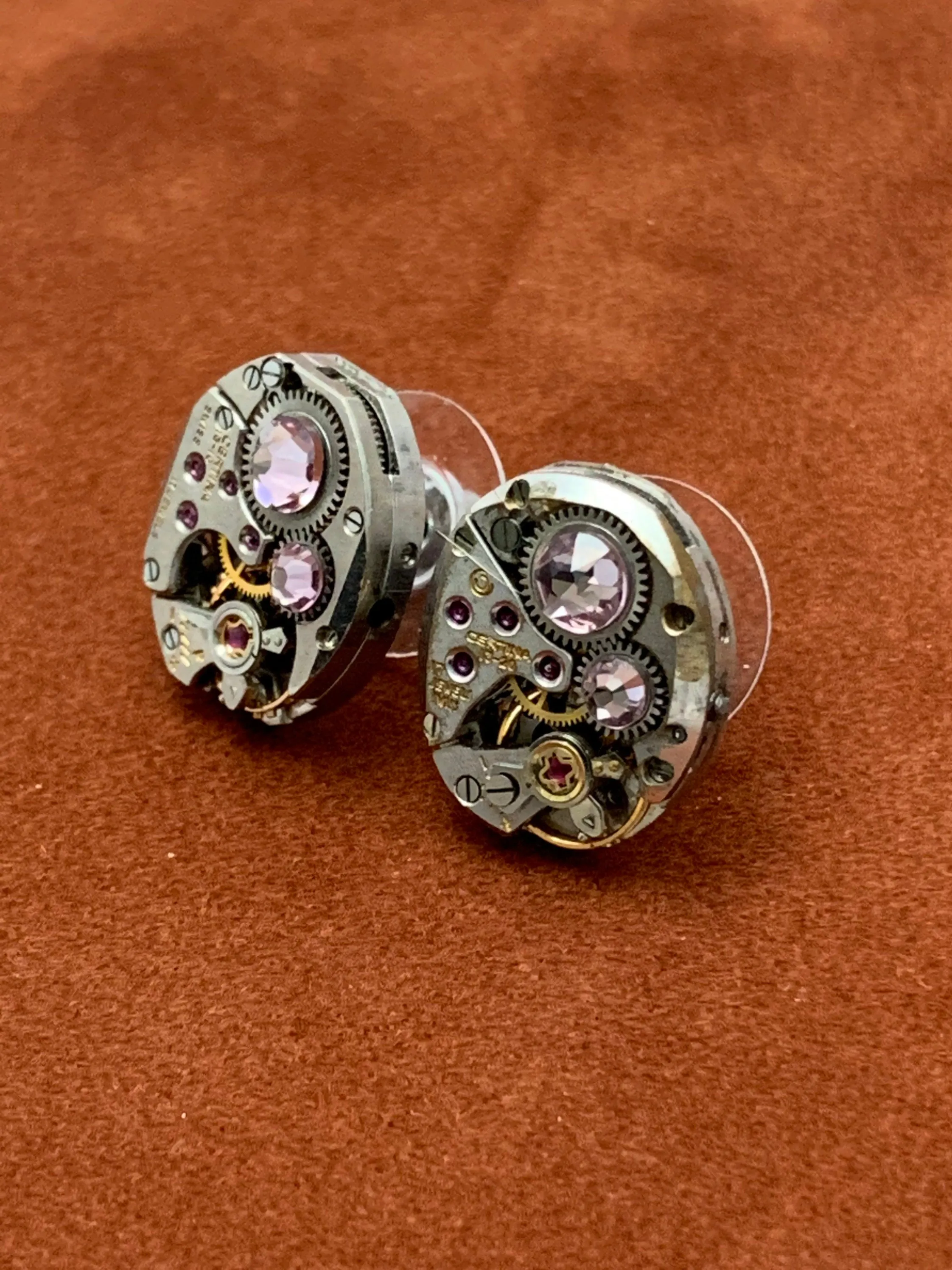 Steampunk Stud Earrings with Mechanical Watch Movement - Post earrings - Light Amethyst - February Birthstone - Steampunk jewelry - gift for mom
