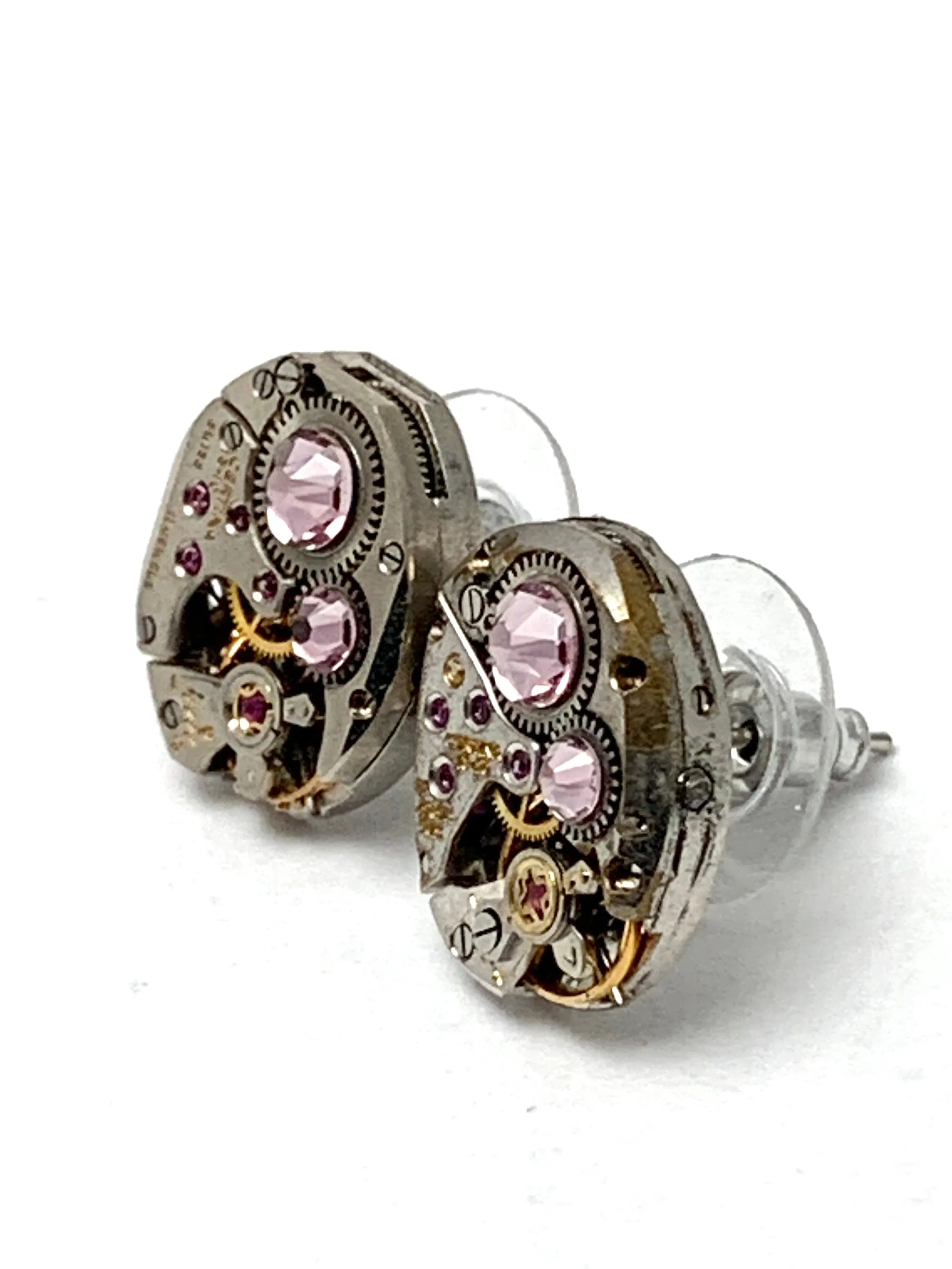 Steampunk Stud Earrings with Mechanical Watch Movement - Post earrings - Light Amethyst - February Birthstone - Steampunk jewelry - gift for mom