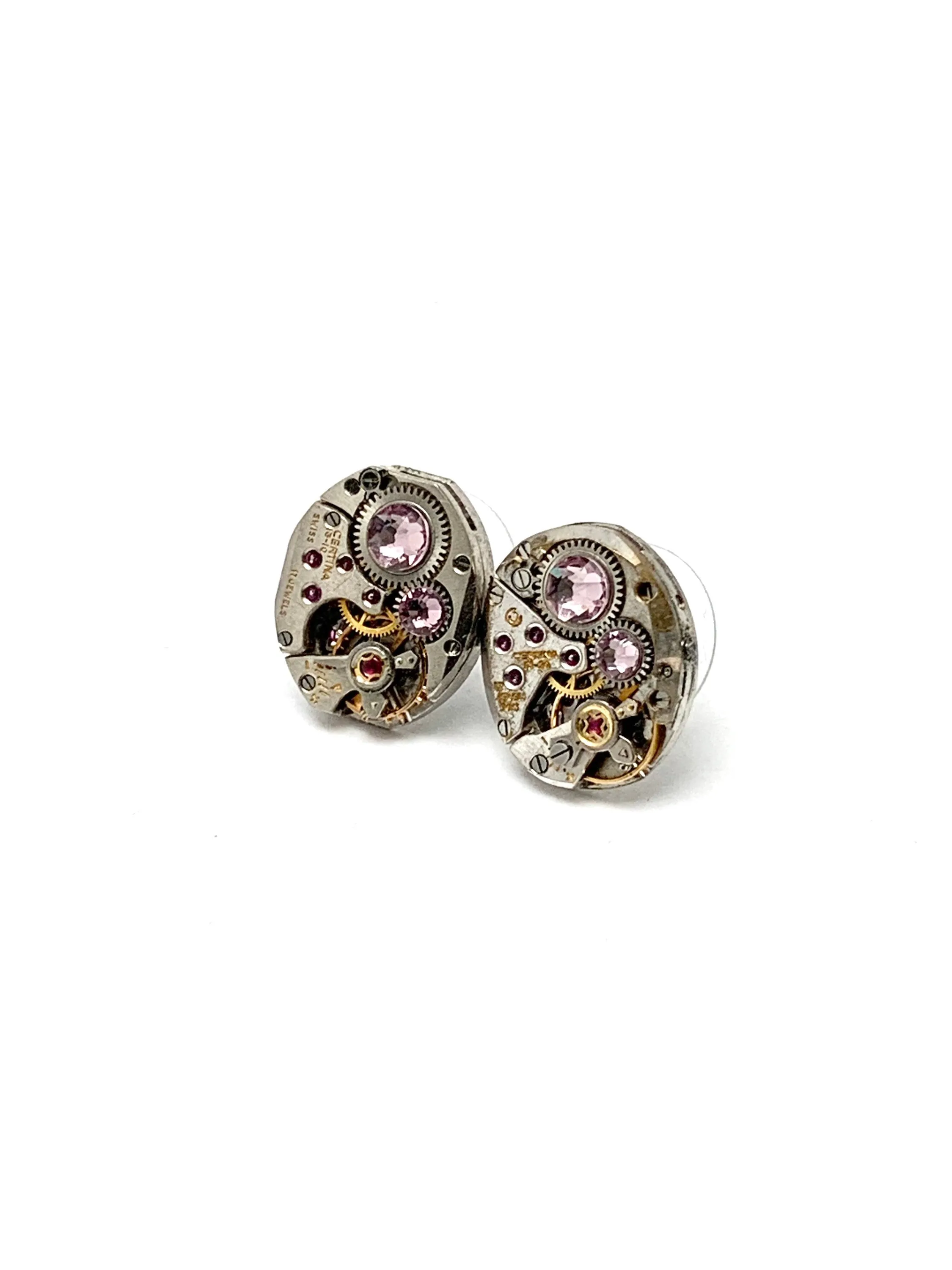 Steampunk Stud Earrings with Mechanical Watch Movement - Post earrings - Light Amethyst - February Birthstone - Steampunk jewelry - gift for mom