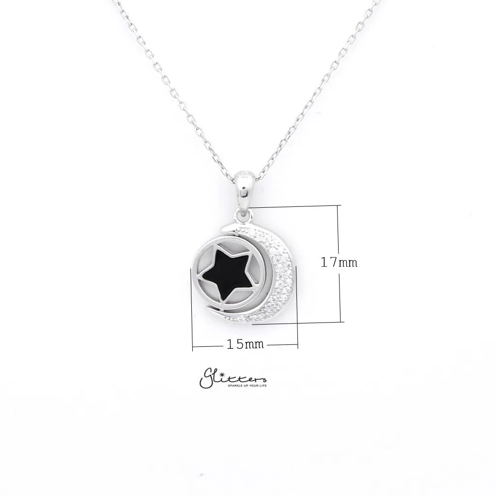 Sterling Silver CZ Paved Moon with Rotatable Double Sides Star in the Middle Women's Necklace
