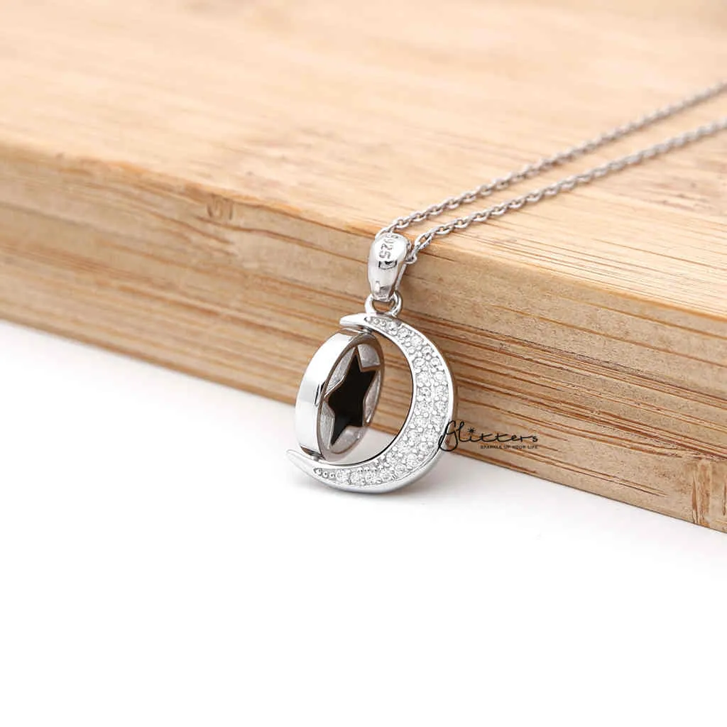 Sterling Silver CZ Paved Moon with Rotatable Double Sides Star in the Middle Women's Necklace