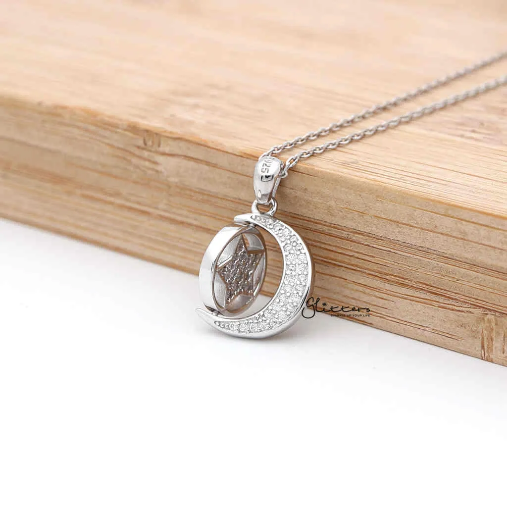 Sterling Silver CZ Paved Moon with Rotatable Double Sides Star in the Middle Women's Necklace