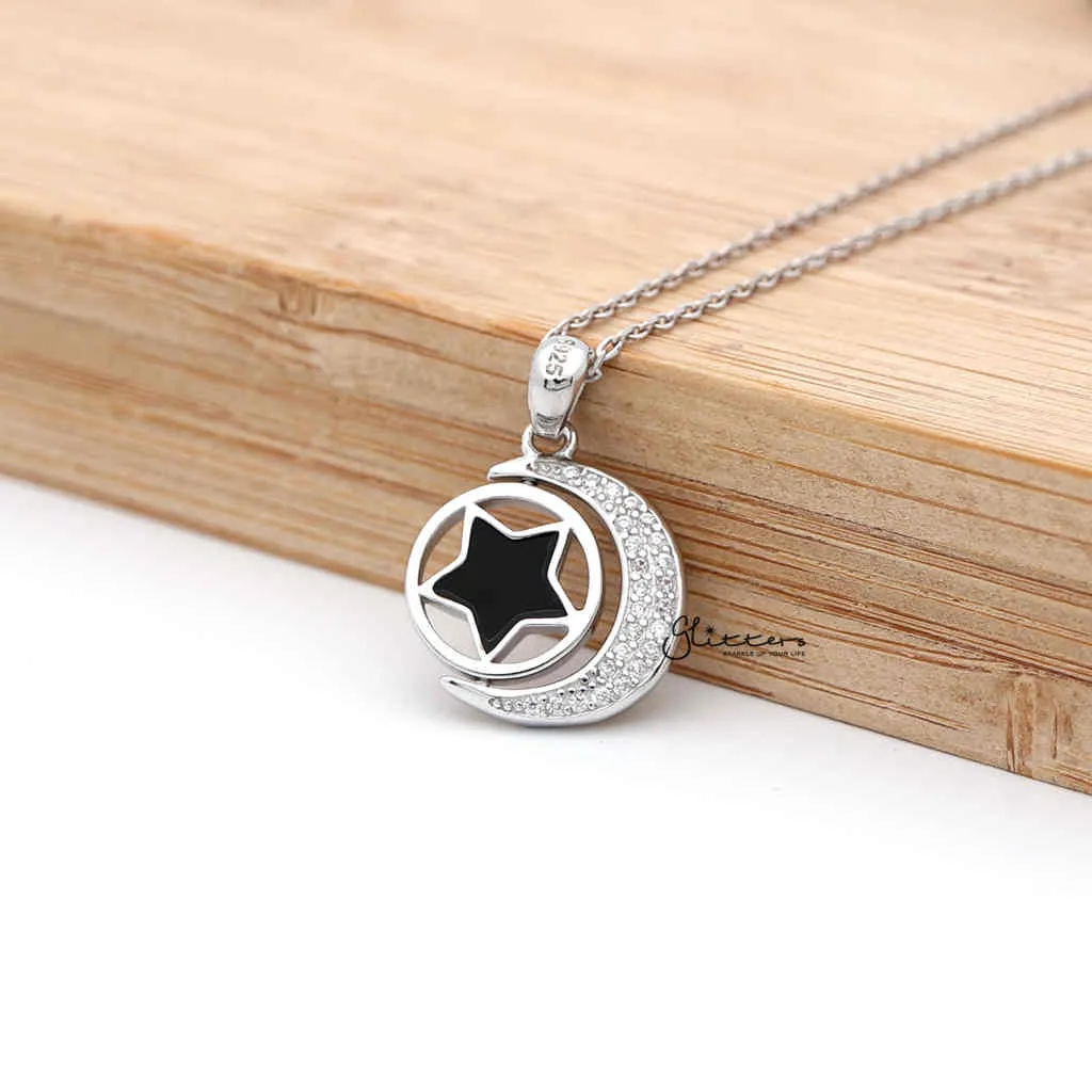 Sterling Silver CZ Paved Moon with Rotatable Double Sides Star in the Middle Women's Necklace