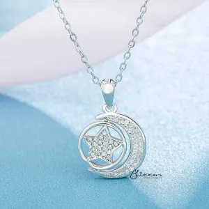Sterling Silver CZ Paved Moon with Rotatable Double Sides Star in the Middle Women's Necklace