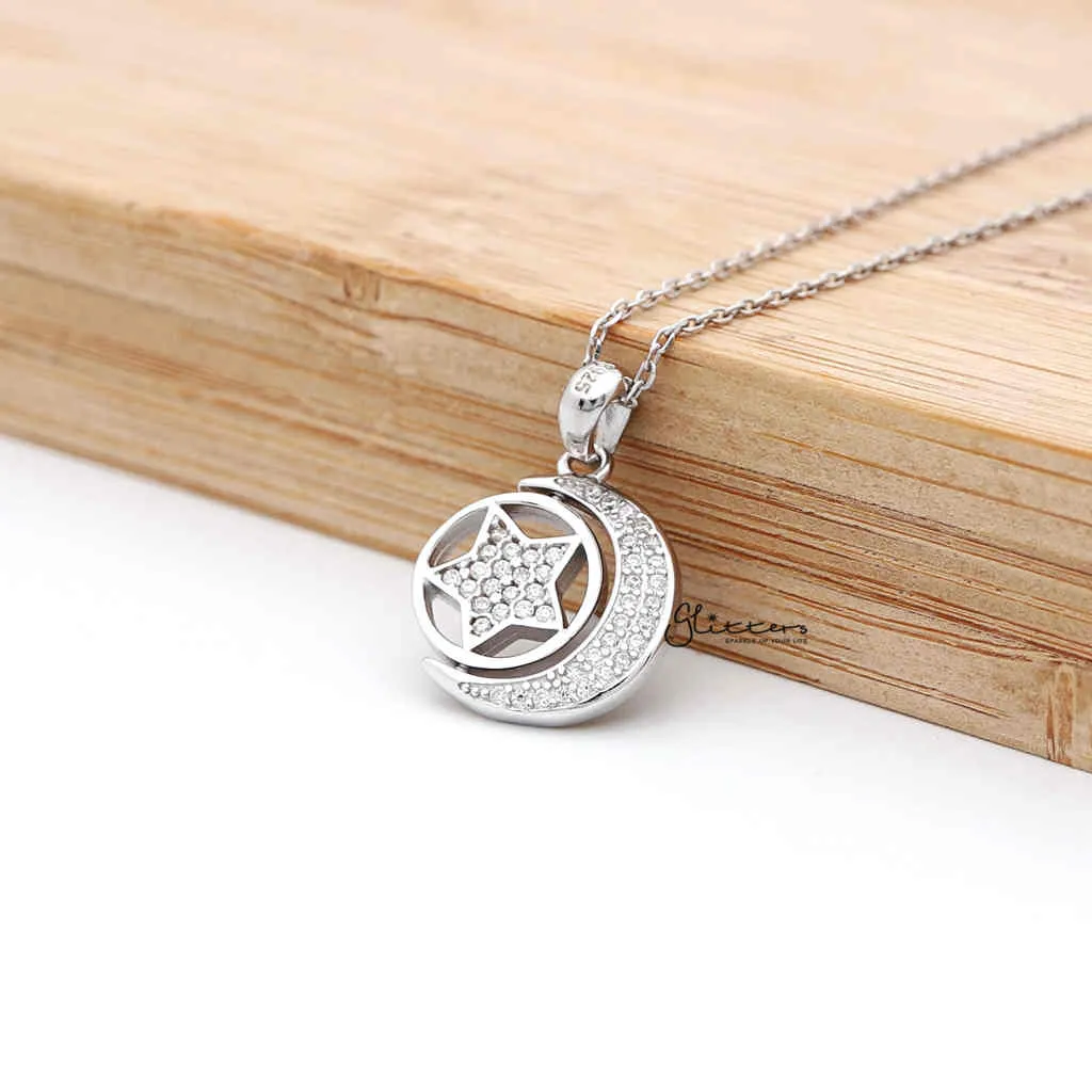 Sterling Silver CZ Paved Moon with Rotatable Double Sides Star in the Middle Women's Necklace
