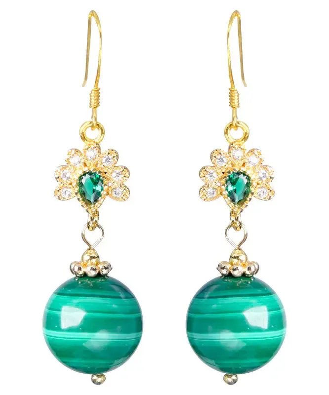 Sterling Silver Overgild Zircon Malachite Drop Earrings