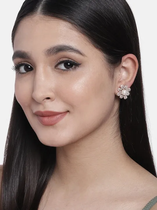 Stylish Latest Fashion Rose Gold-Plated & White Floral Studs Earrings for Women