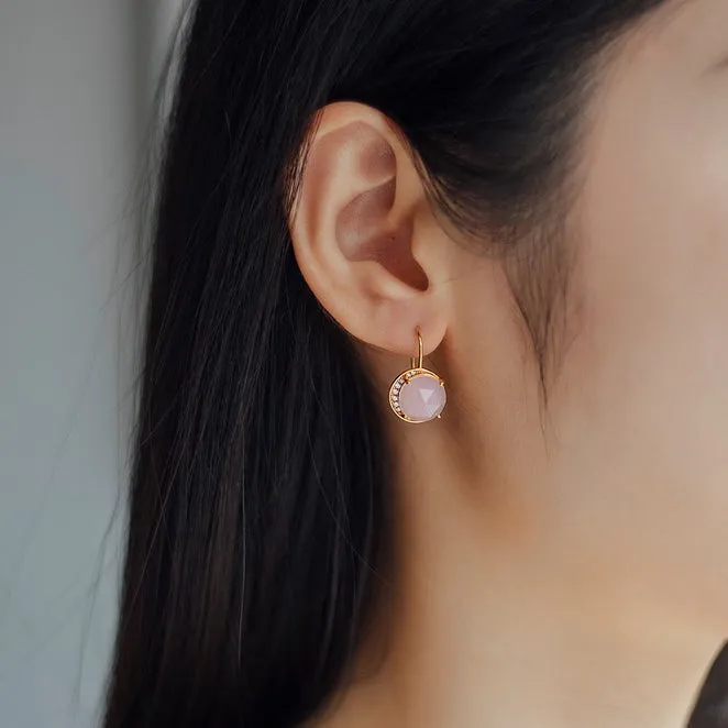Stylish Round Cut Pink Crystal Silver Hook Earrings