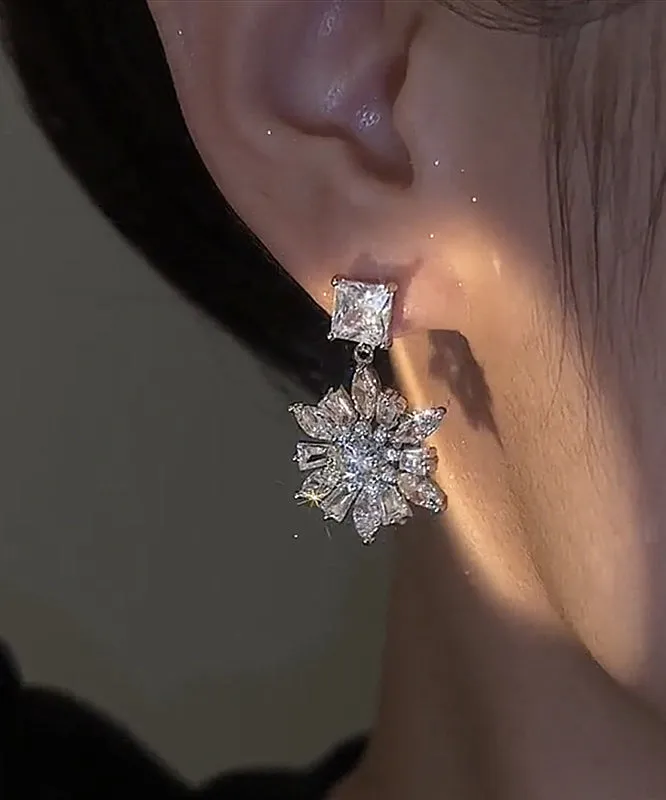 Stylish Silk Sterling Silver Zircon Snowflake Drop Earrings II019