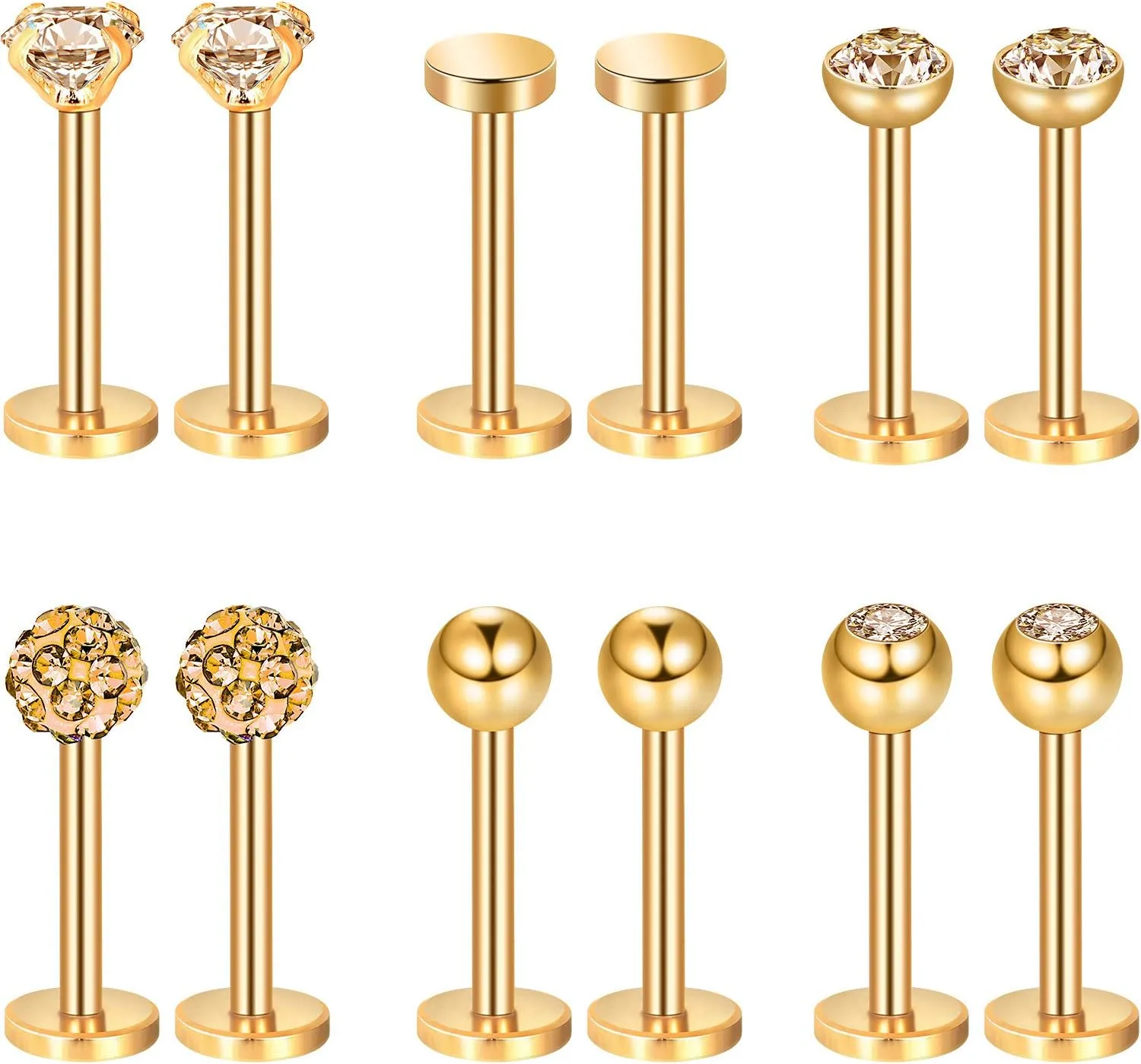 Sumind Nose Studs 16g Tragus Piercing Jewelry Tragus Earrings Lip Rings Diamond Crystal Stainless Steel Labret Bars Body Piercing Jewelry, 6 Designs