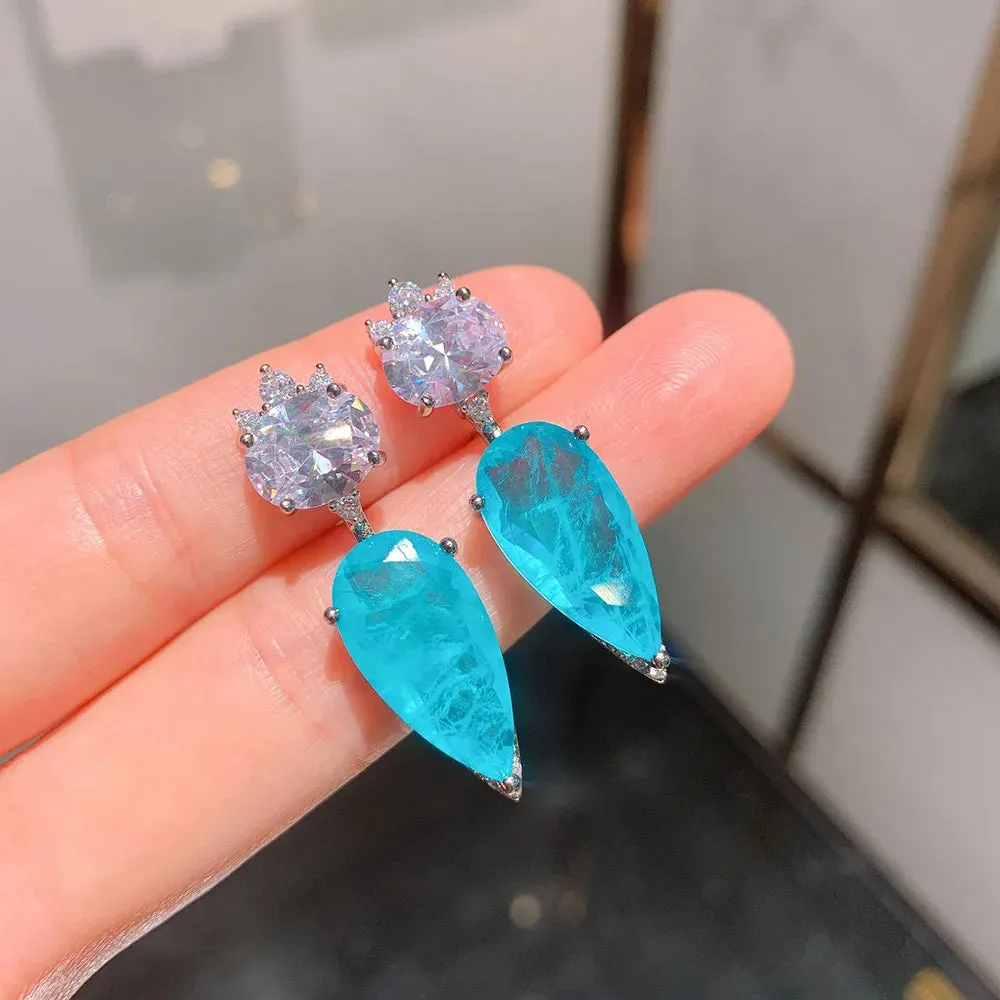 Tourmaline Oval Pear Blue Zircon Water Drop Earrings
