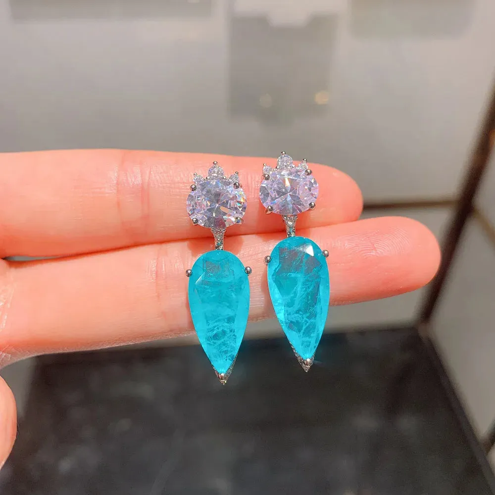 Tourmaline Oval Pear Blue Zircon Water Drop Earrings