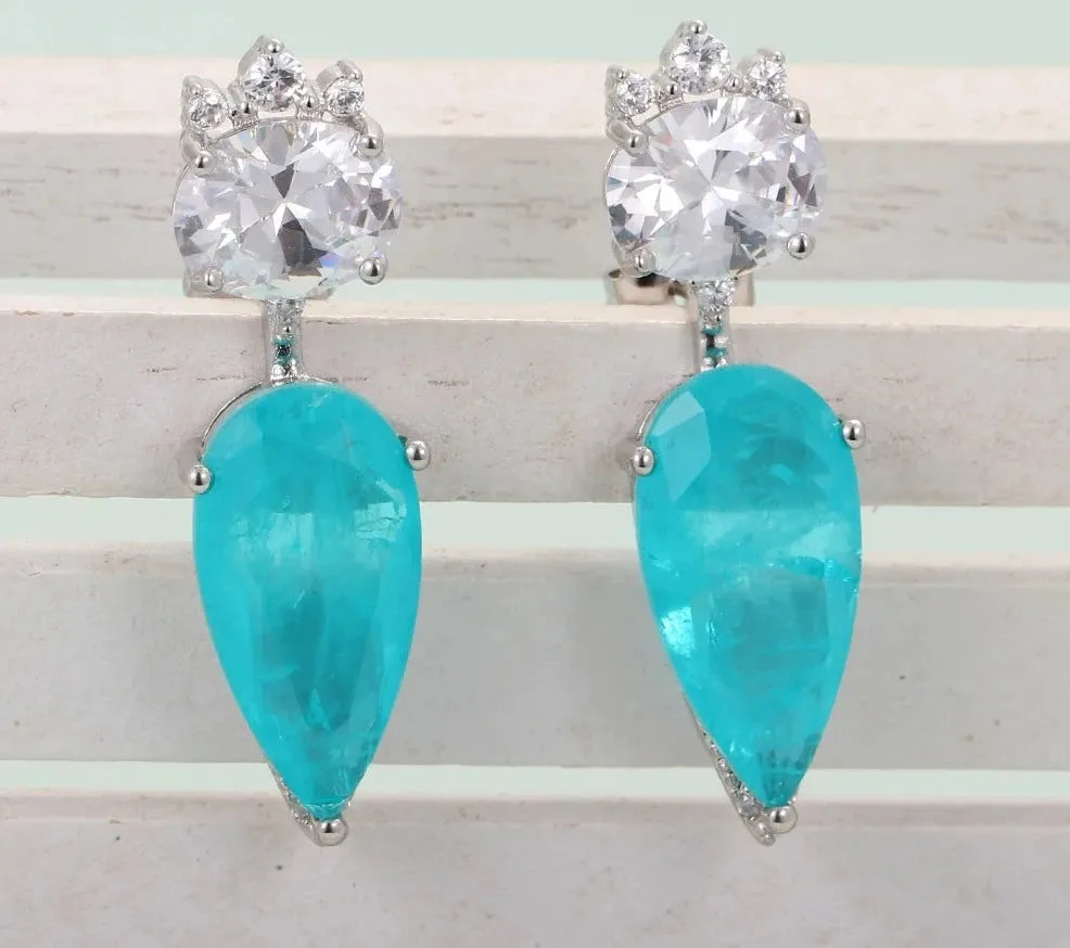 Tourmaline Oval Pear Blue Zircon Water Drop Earrings