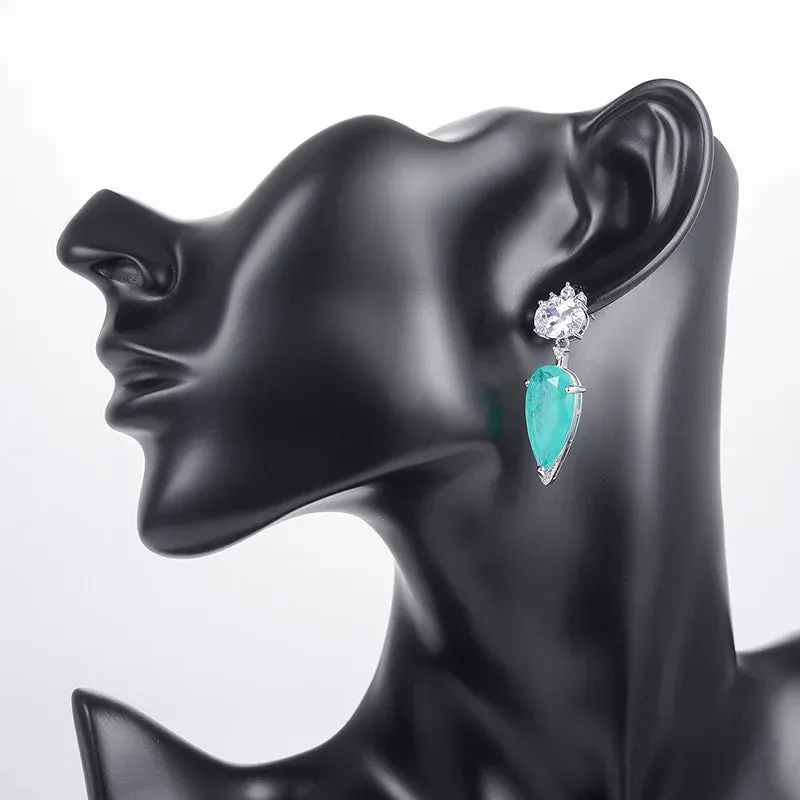Tourmaline Oval Pear Blue Zircon Water Drop Earrings