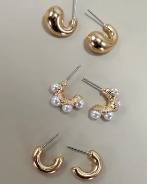Trio Huggie Pearl Hoop Earrings - Gold