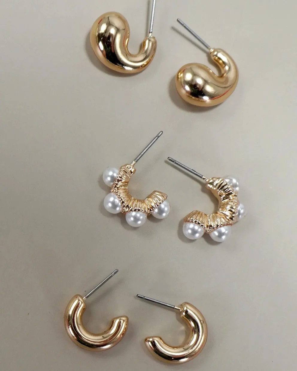 Trio Huggie Pearl Hoop Earrings - Gold