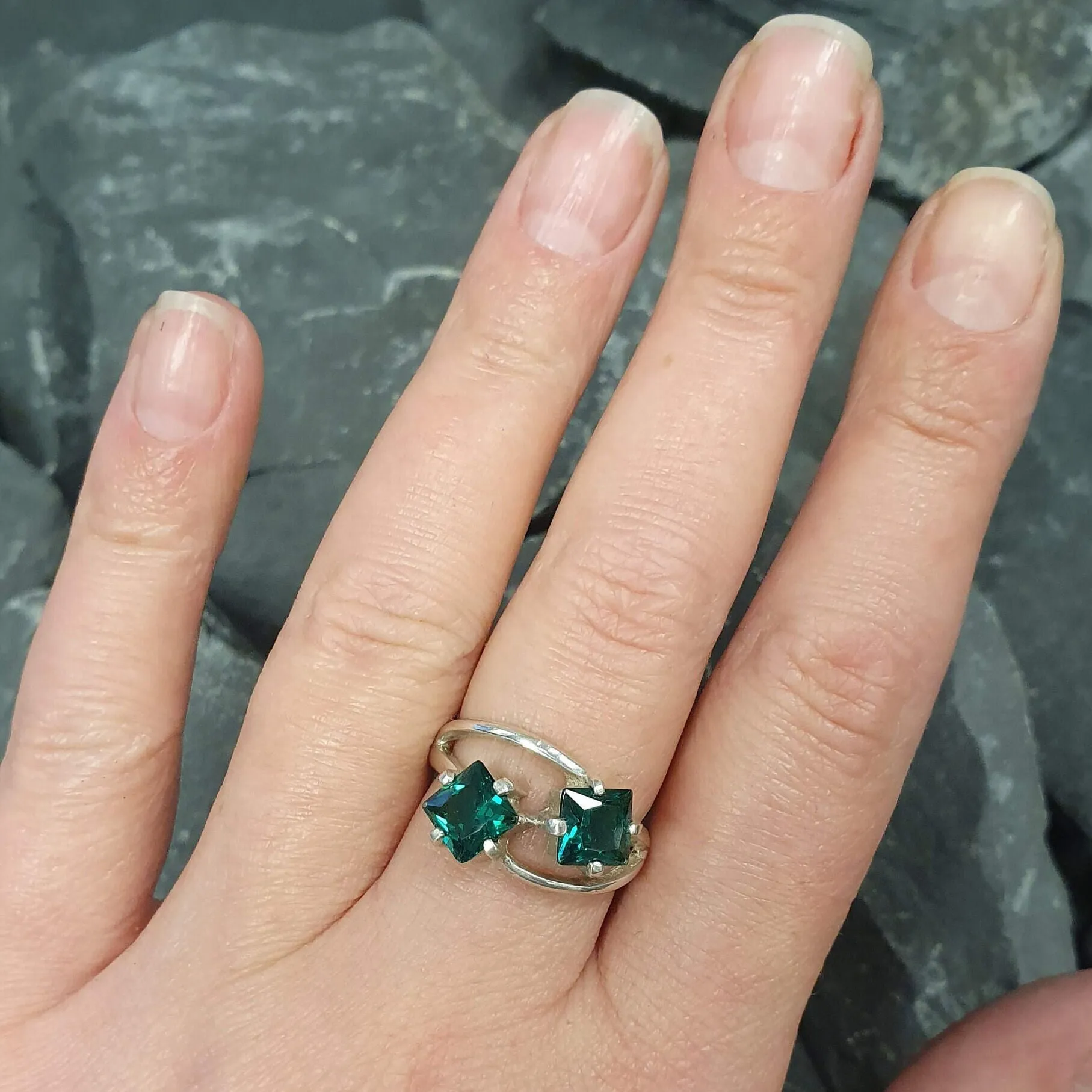 Twin Emerald Ring - Green Square Rings,  Unique Green Earrings