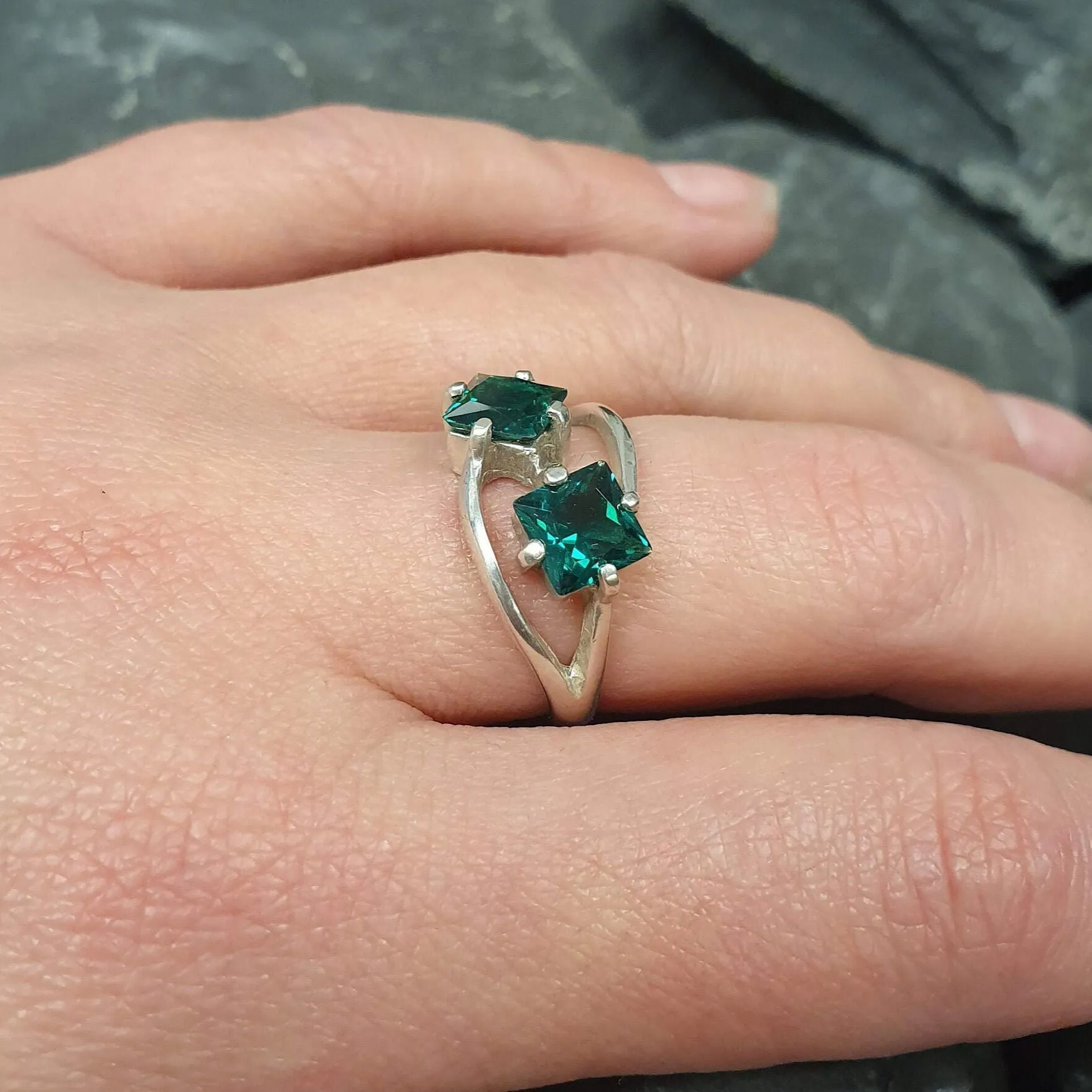 Twin Emerald Ring - Green Square Rings,  Unique Green Earrings