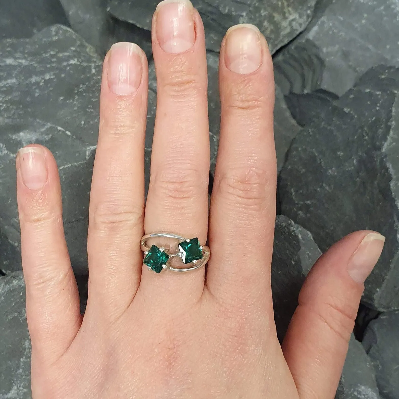 Twin Emerald Ring - Green Square Rings,  Unique Green Earrings