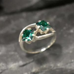 Twin Emerald Ring - Green Square Rings,  Unique Green Earrings