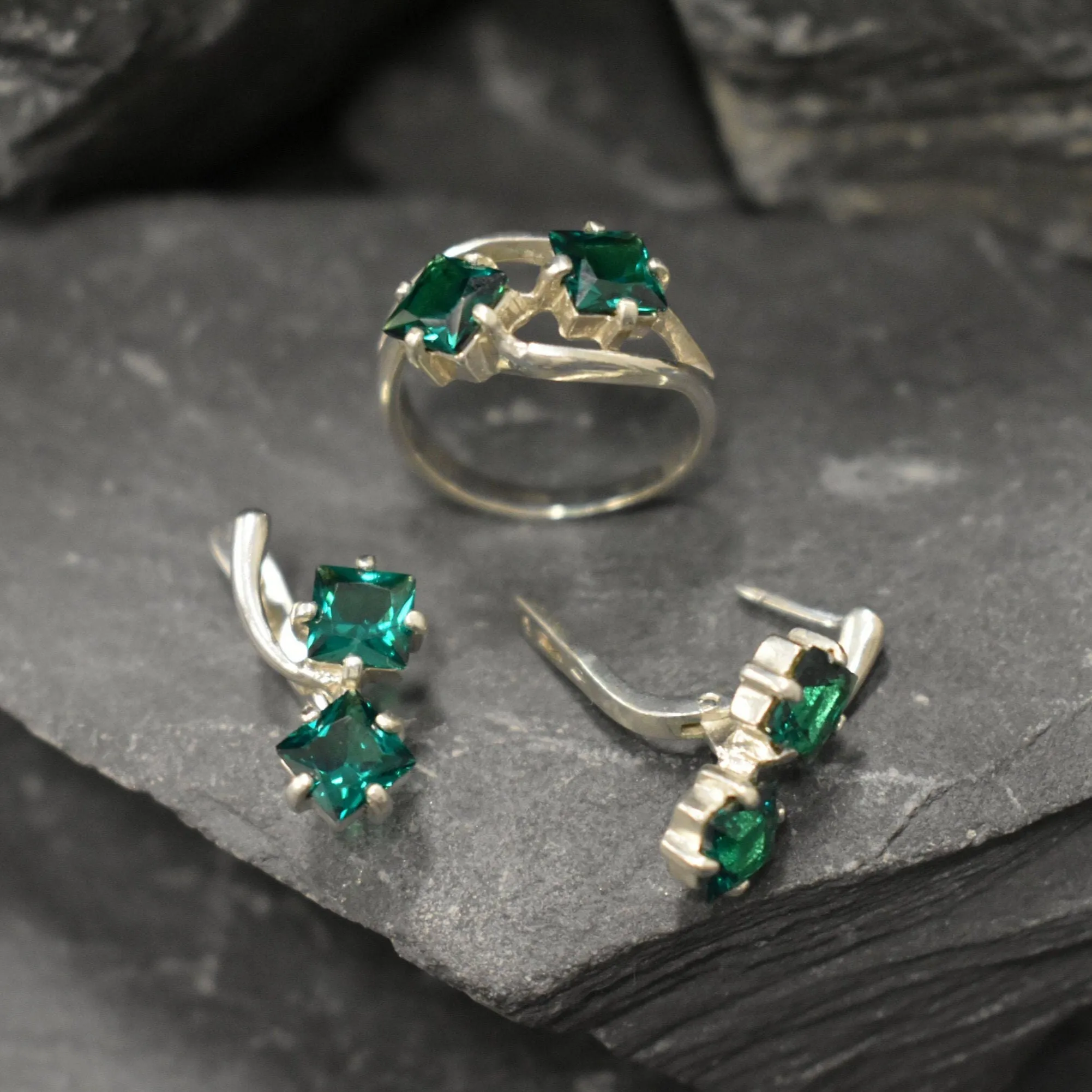 Twin Emerald Ring - Green Square Rings,  Unique Green Earrings