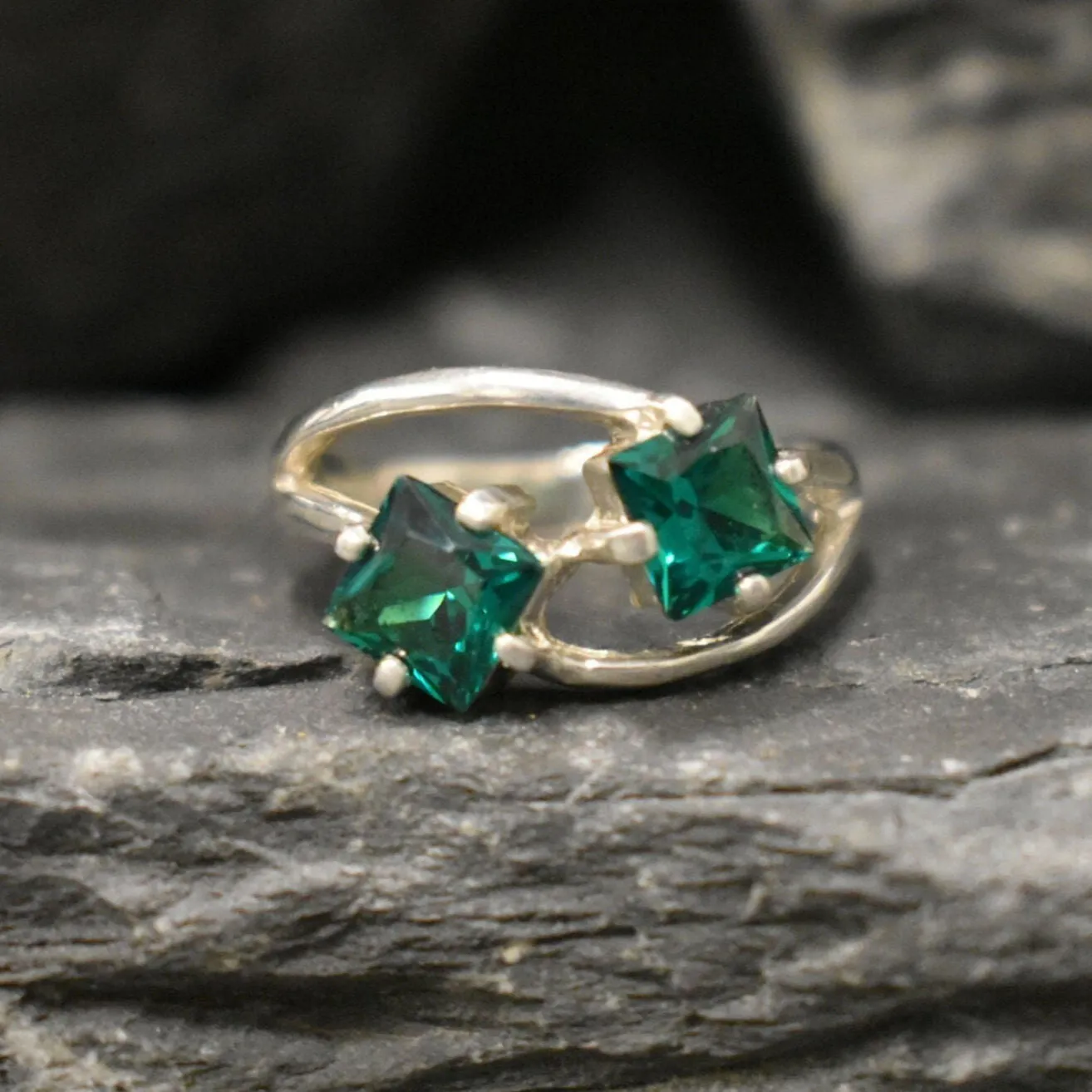 Twin Emerald Ring - Green Square Rings,  Unique Green Earrings