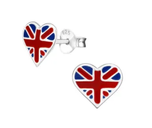 Union Jack Heart Sterling Silver Earrings - Elegant Ear Studs for Fashionable Women