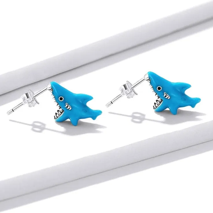 Unique Blue Shark Pure S925 Silver Earrings