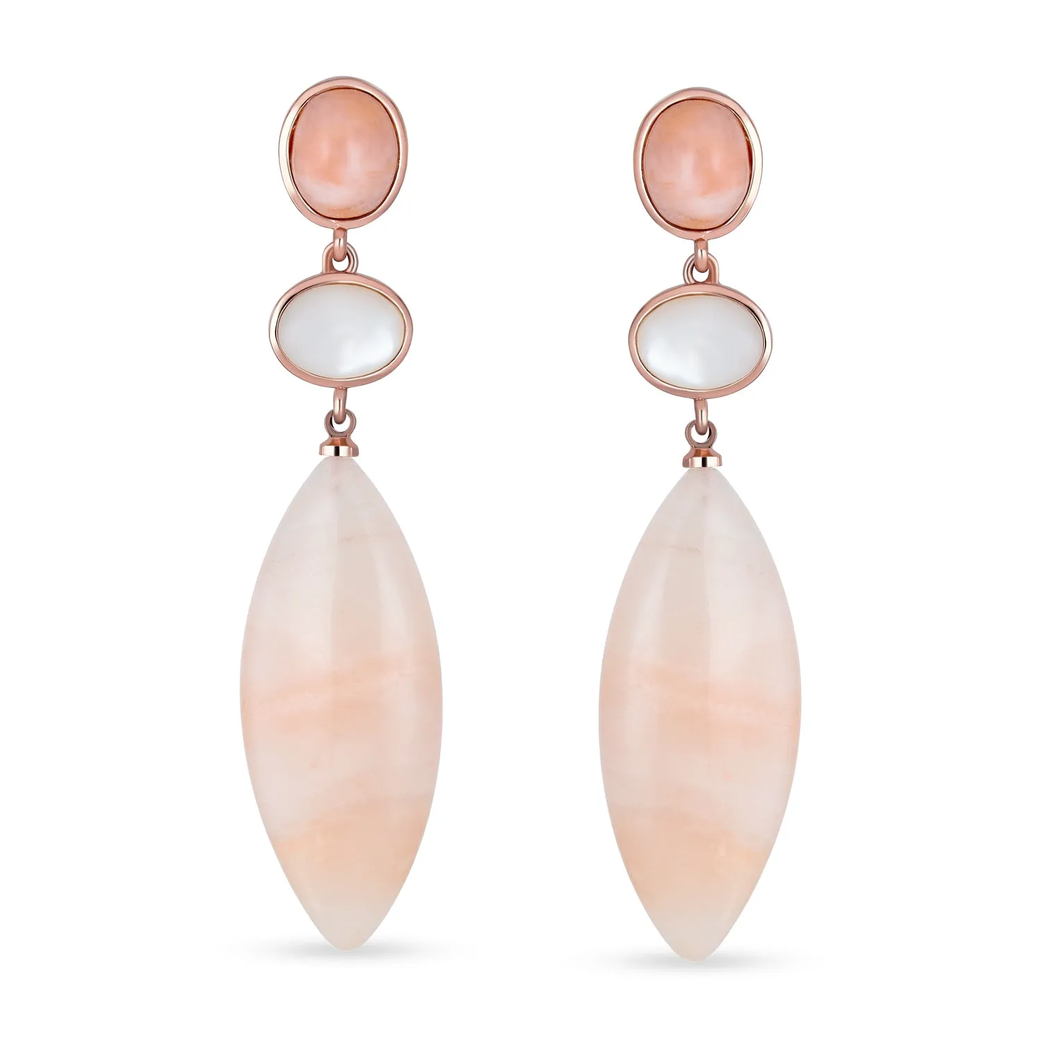 Unique Boho Dangle Gemstone Earrings White MOP & Pink Aventurine in Gold Plated