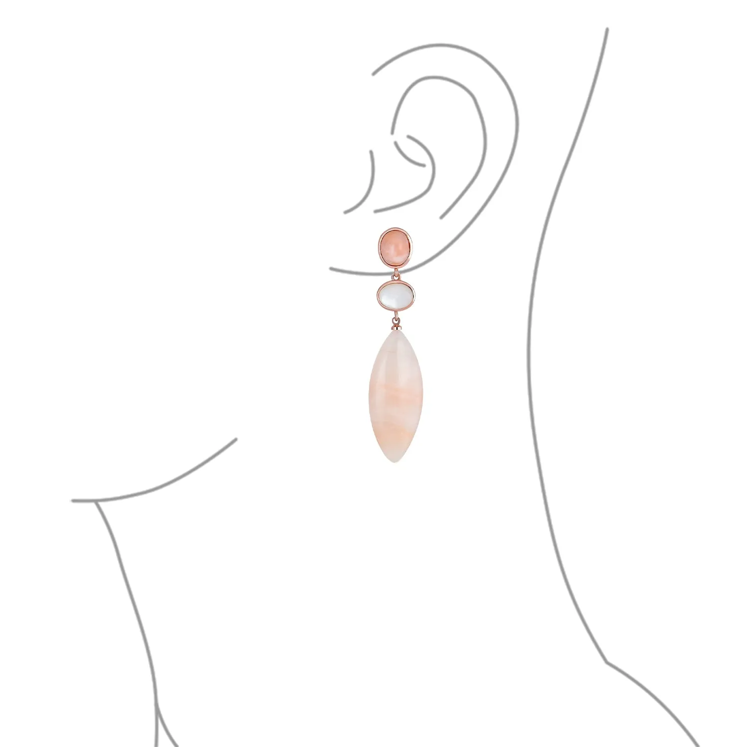 Unique Boho Dangle Gemstone Earrings White MOP & Pink Aventurine in Gold Plated