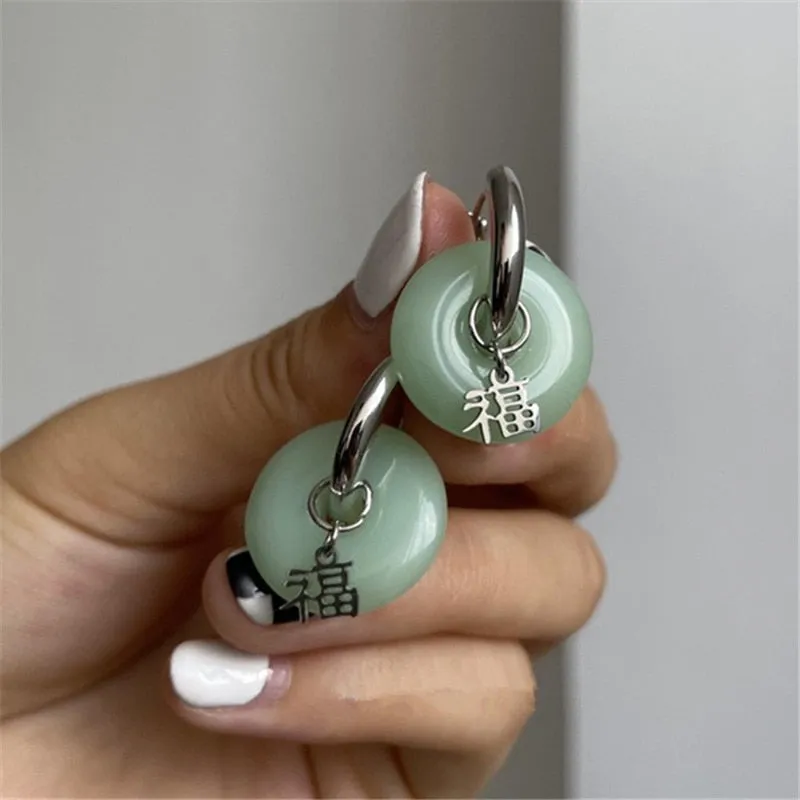 Unique Green Jade Round Stainless Steel Hoop Earrings