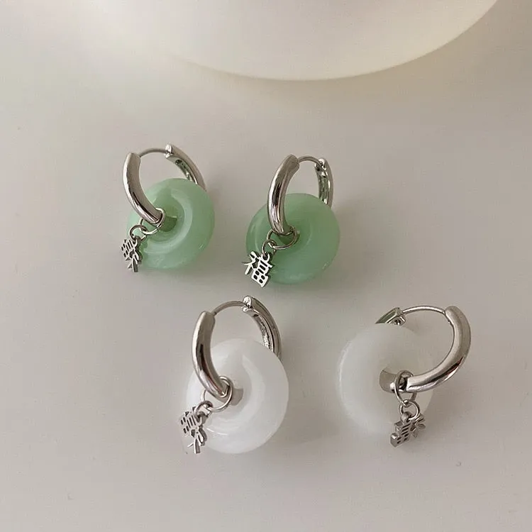 Unique Green Jade Round Stainless Steel Hoop Earrings