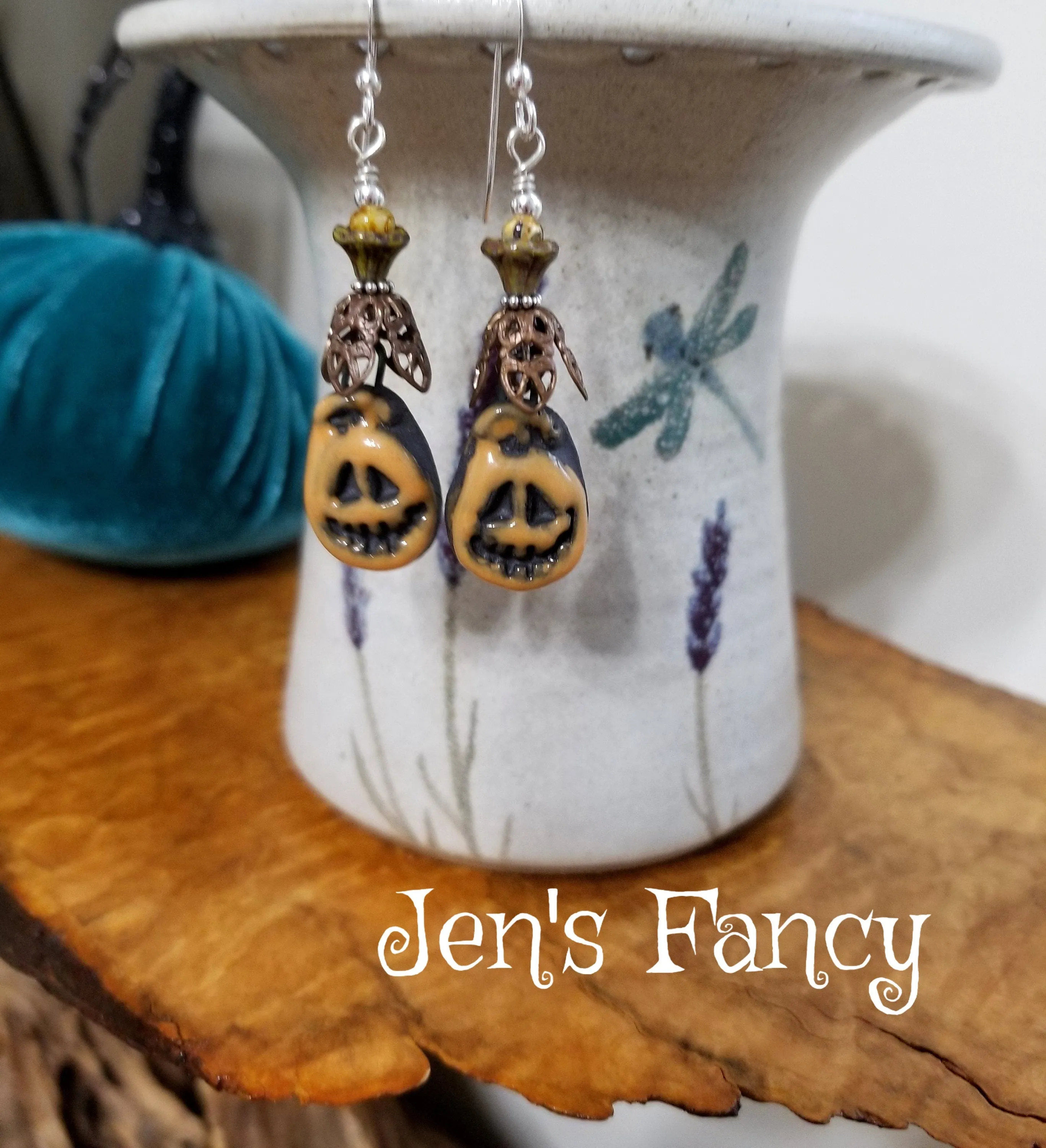 Unique Halloween Pumpkin Earrings Porcelain Brass & Sterling Silver