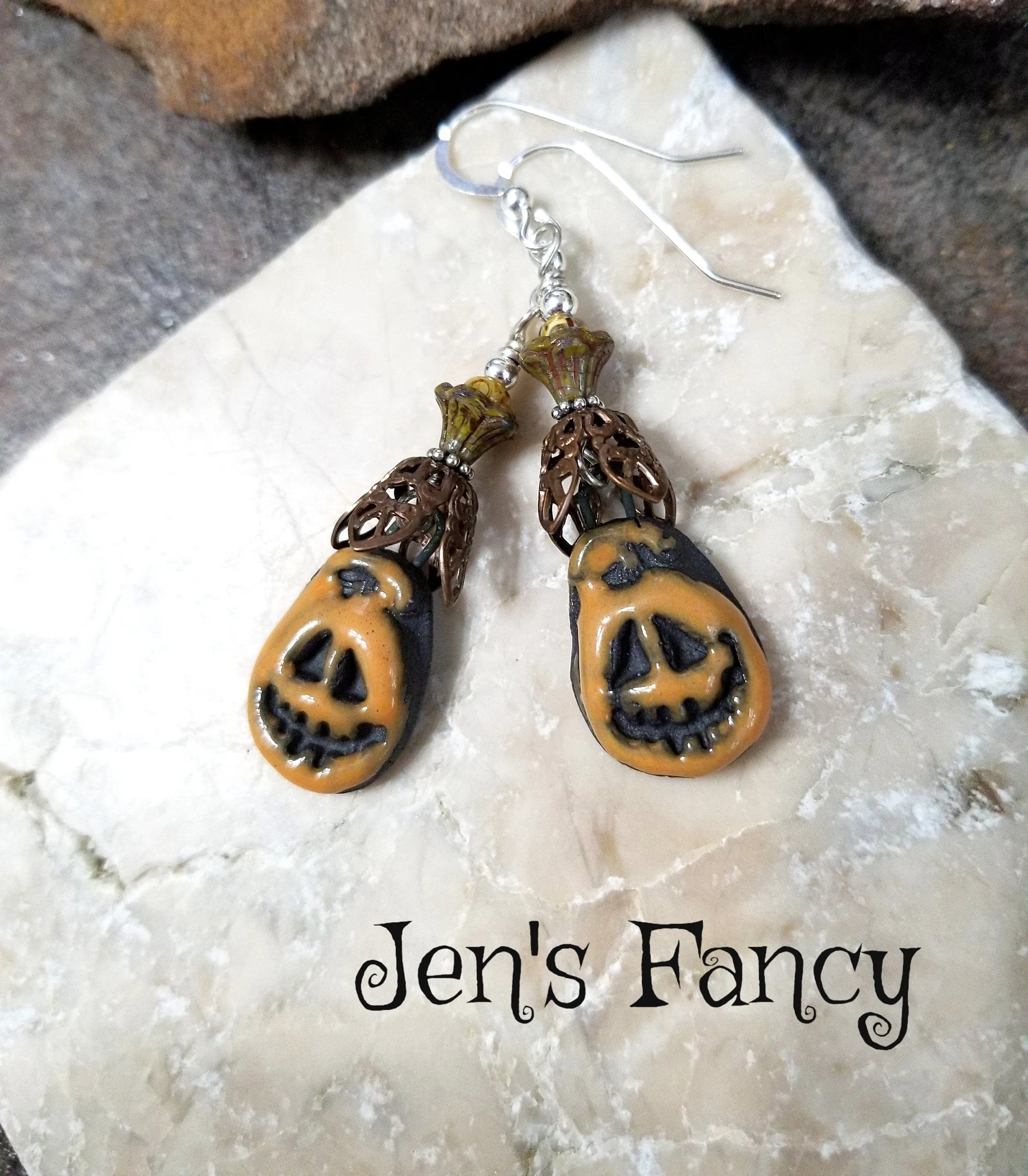 Unique Halloween Pumpkin Earrings Porcelain Brass & Sterling Silver