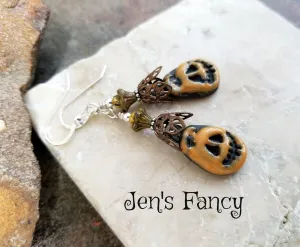 Unique Halloween Pumpkin Earrings Porcelain Brass & Sterling Silver