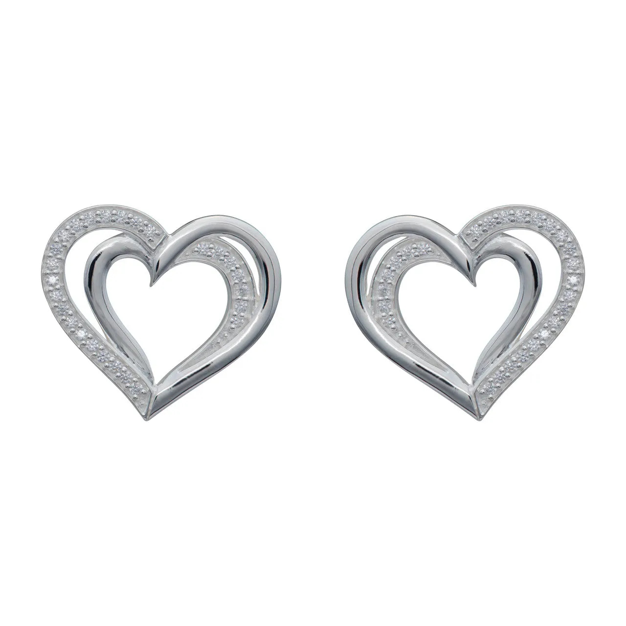 Unique Ladies Sterling Silver CZ Double Open Heart Stud Earrings